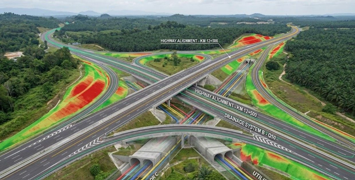 Malaysian infrastructure BIM model showing road alignment, stormwater drainage and terrain cut-and-fill analysis.