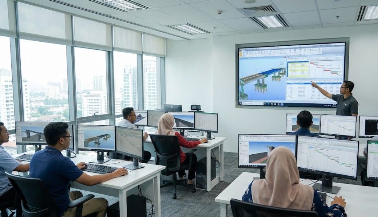 Malaysian BIM training environment showing 4D construction simulation, scheduling and digital twin workflows.